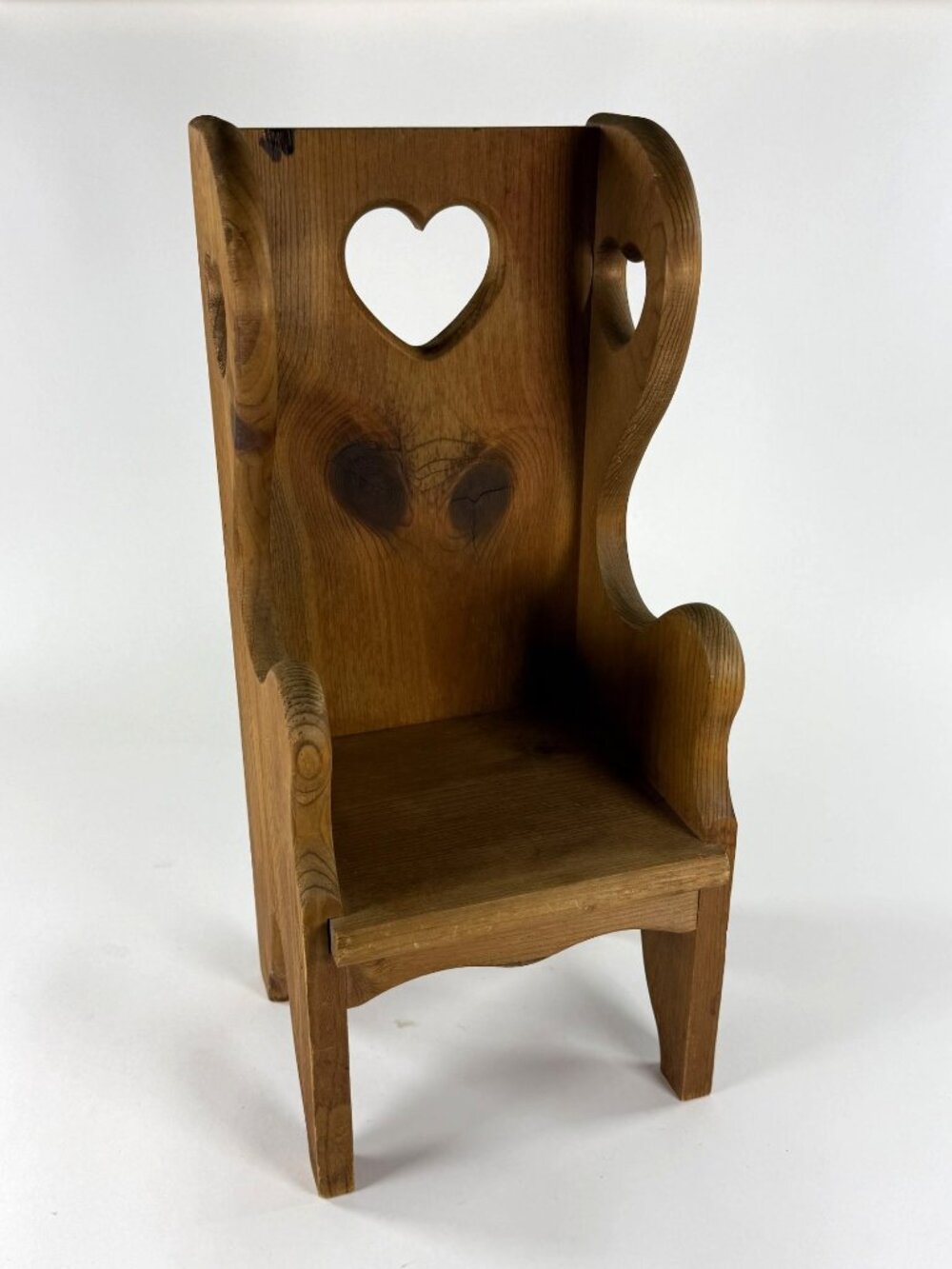 Rustic Wooden Doll Chair With Heart Cutout Backrest Hand Carved Natural Wood 19"